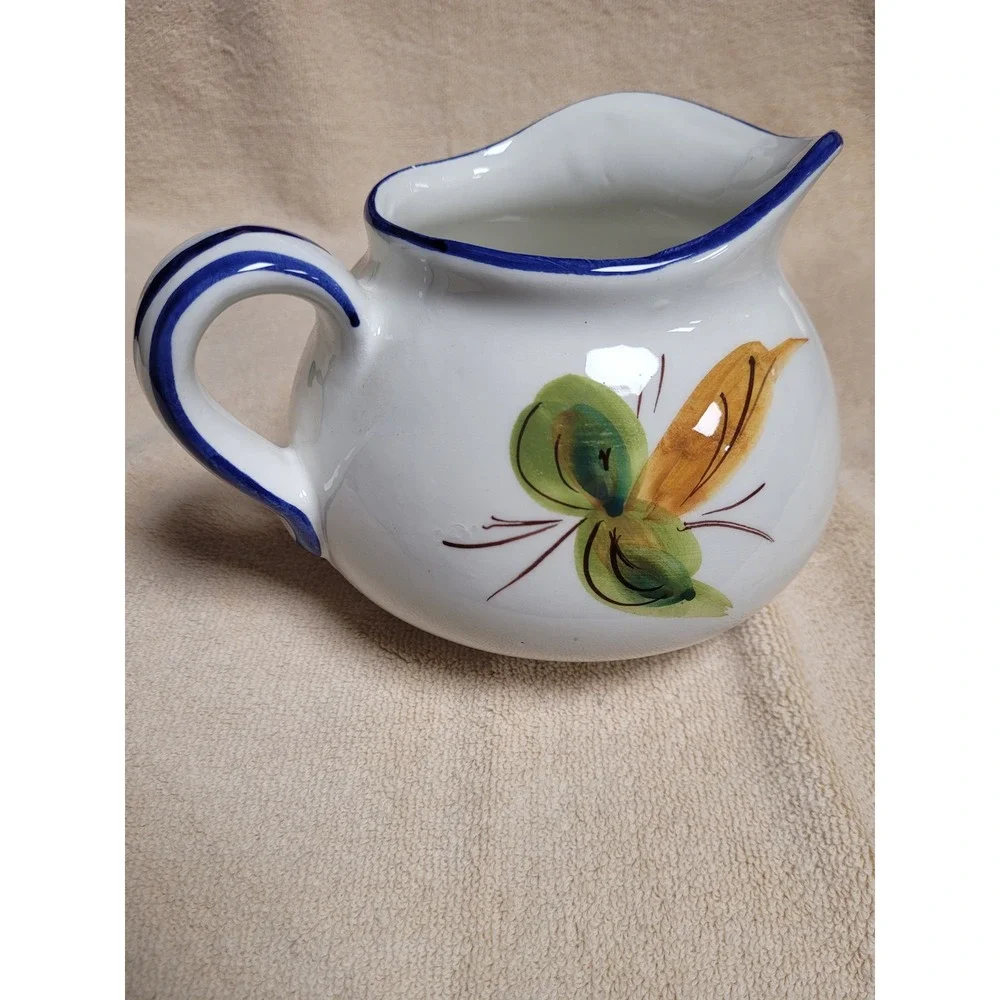 FTD Vintage Hand Painted Italy Ceramic‎ Floral Creamer Pitcher Blue White Small